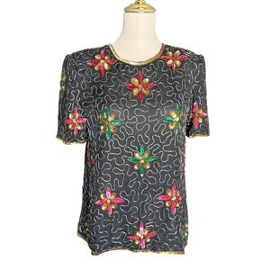 Night Vogue Vintage Black Silk Beaded Sequin Floral Short Sleeve Blouse Size M